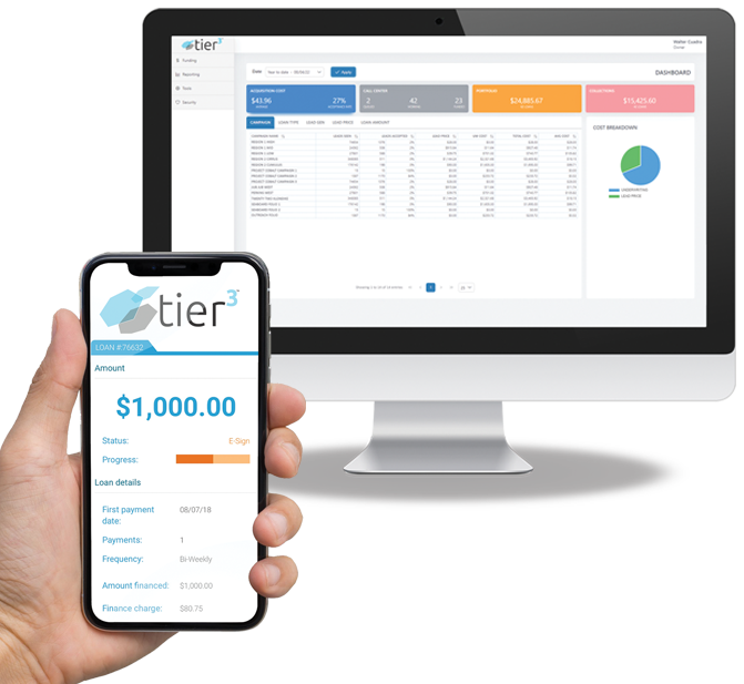 Tier3 loan management dashboard used for payday and short-term lending